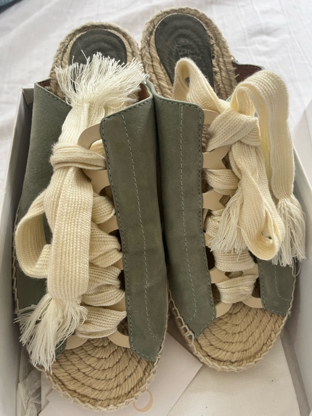 Chloe Harper Olive Suede and Cream Lace Espadrille Slides